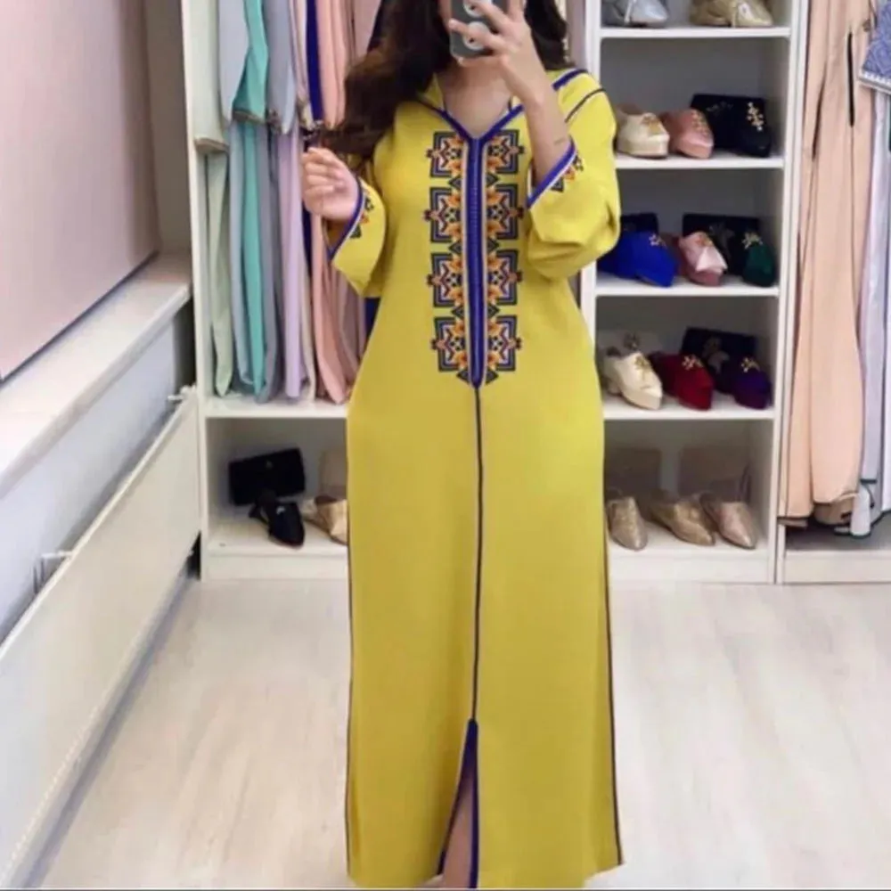 Plus Size Moroccan Jalabya Women Ramadan Islamic V-neck Robe Long Sleeves