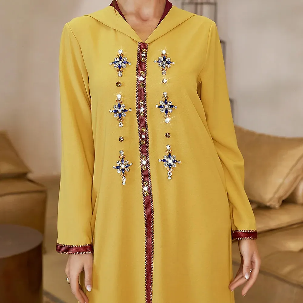Plus Size Moroccan Jalabya Women Ramadan Islamic V-neck Robe Long Sleeves