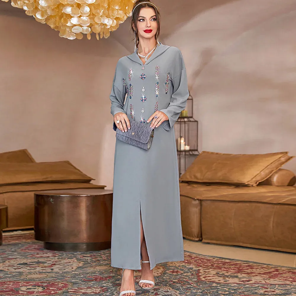 Plus Size Moroccan Jalabya Women Ramadan Islamic V-neck Robe Long Sleeves