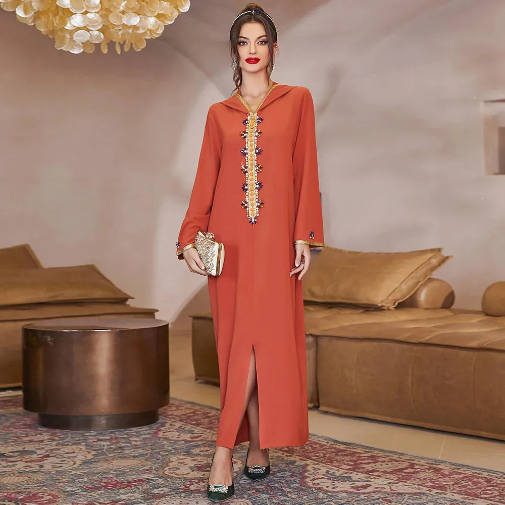 Plus Size Moroccan Jalabya Women Ramadan Islamic V-neck Robe Long Sleeves