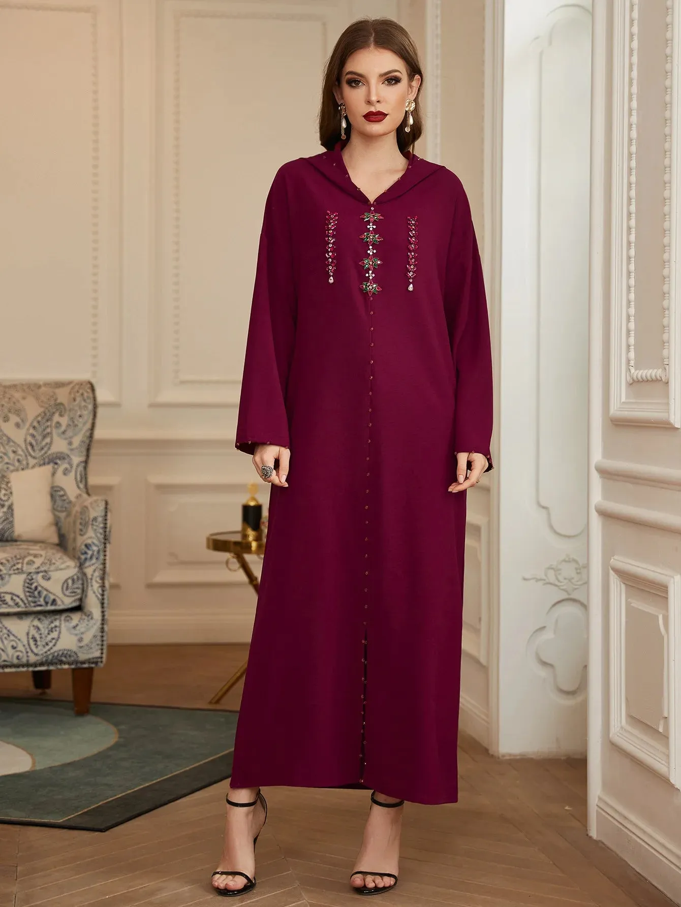 Plus Size Moroccan Jalabya Women Ramadan Islamic V-neck Robe Long Sleeves