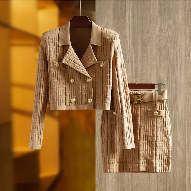 Pre Order:  Jacquard Knitted Long Sleeve Collar Top   Mini Skirt Set