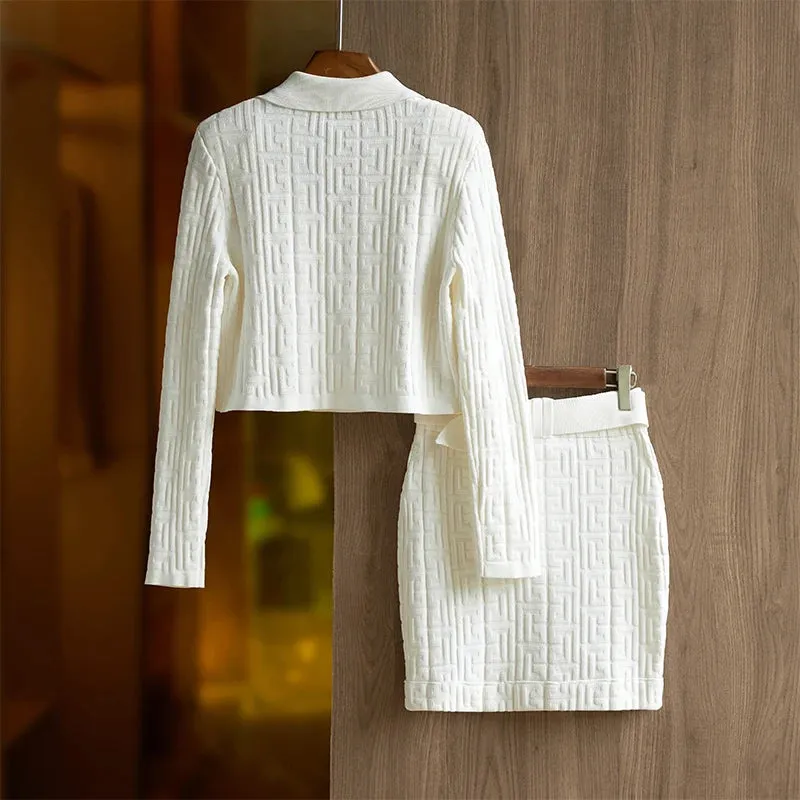 Pre Order:  Jacquard Knitted Long Sleeve Collar Top   Mini Skirt Set