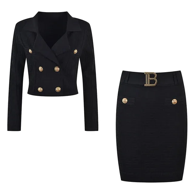 Pre Order:  Jacquard Knitted Long Sleeve Collar Top   Mini Skirt Set