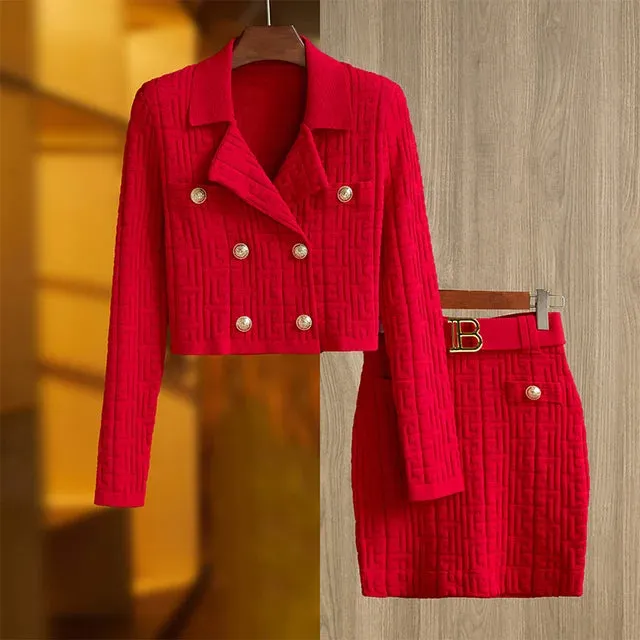 Pre Order:  Jacquard Knitted Long Sleeve Collar Top   Mini Skirt Set