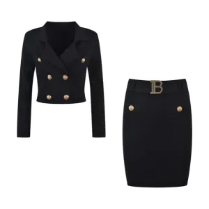 Pre Order:  Jacquard Knitted Long Sleeve Collar Top   Mini Skirt Set