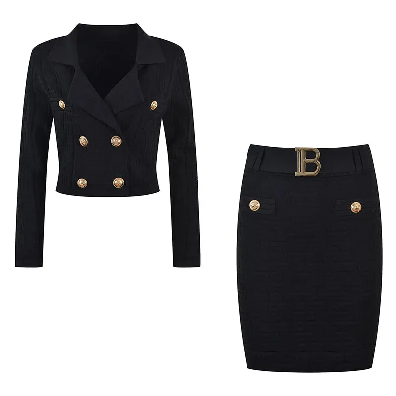 Pre Order:  Jacquard Knitted Long Sleeve Collar Top   Mini Skirt Set