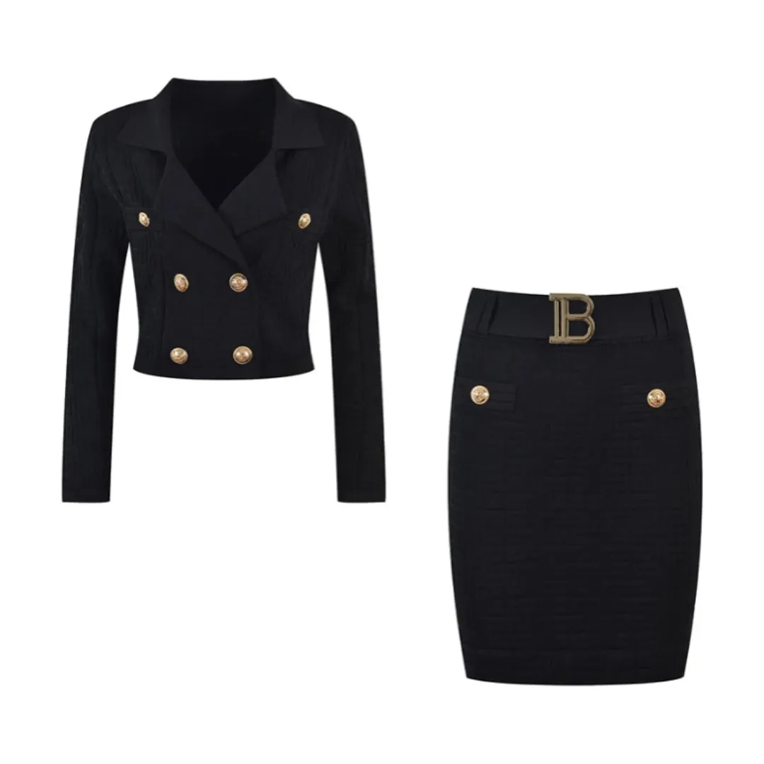 Pre Order:  Jacquard Knitted Long Sleeve Collar Top   Mini Skirt Set
