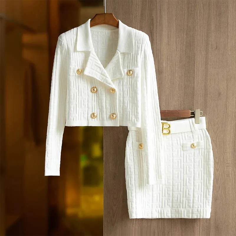 Pre Order:  Jacquard Knitted Long Sleeve Collar Top   Mini Skirt Set