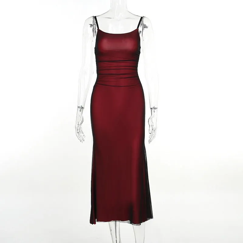 Pre Order:  Mesh Overlay Slim Fit Suspender Dress