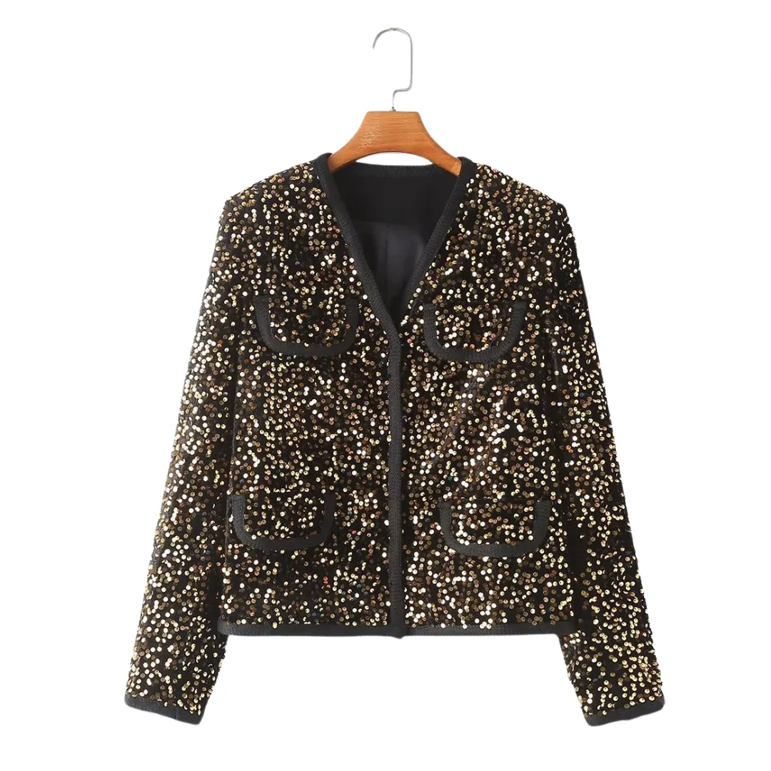 Pre Order:  Round Neck Long Sleeved Sequined Short Jacket