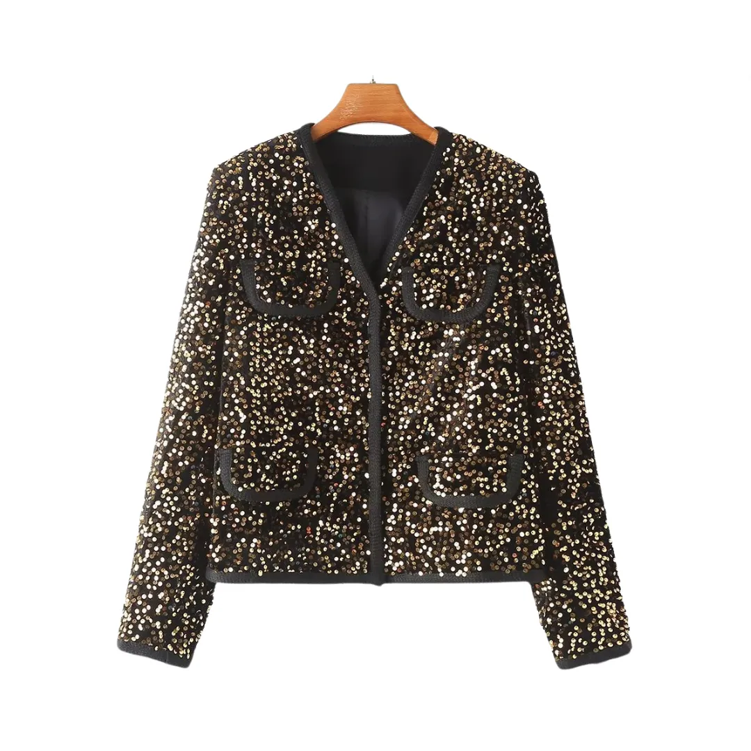 Pre Order:  Round Neck Long Sleeved Sequined Short Jacket