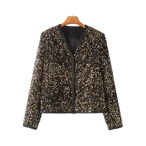 Pre Order:  Round Neck Long Sleeved Sequined Short Jacket