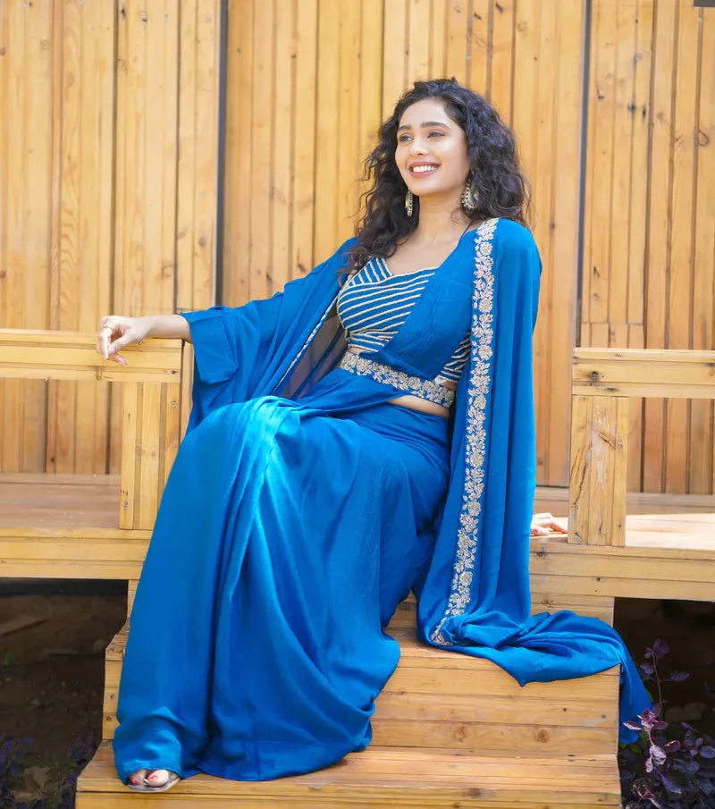 RFSS1721 - Heavy Partywear Readymade Saree in Pure Chinnon. Comes with very stylish halter neck backess blouse and embroidered jacket.
