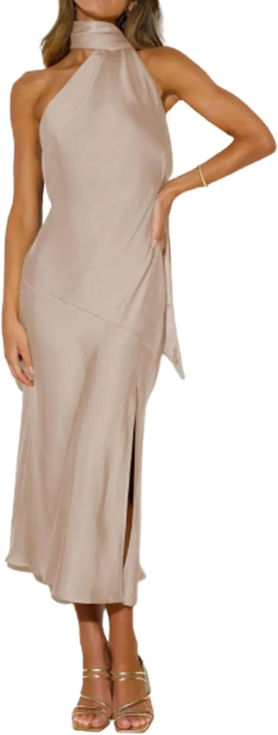 Sexyshine Women's Elegant Halter Tie Neck Sleeveless Satin Long Dress Backless Split Cocktail Party Formal Wedding Maxi Dress