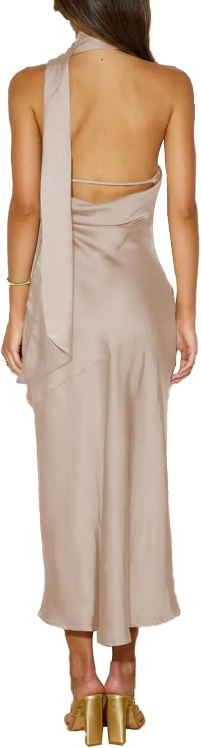 Sexyshine Women's Elegant Halter Tie Neck Sleeveless Satin Long Dress Backless Split Cocktail Party Formal Wedding Maxi Dress