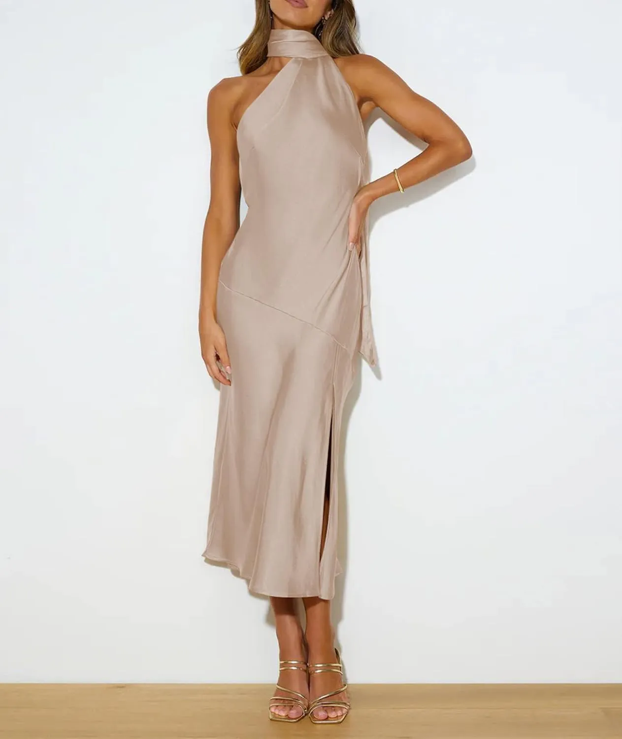 Sexyshine Women's Elegant Halter Tie Neck Sleeveless Satin Long Dress Backless Split Cocktail Party Formal Wedding Maxi Dress