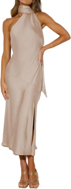 Sexyshine Women's Elegant Halter Tie Neck Sleeveless Satin Long Dress Backless Split Cocktail Party Formal Wedding Maxi Dress