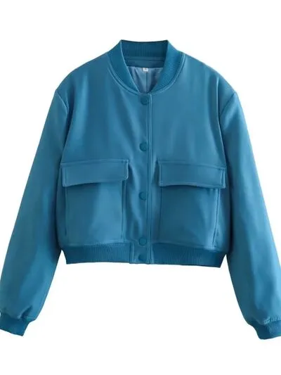 Snap Down Baseball Collar Long Sleeve Jacket