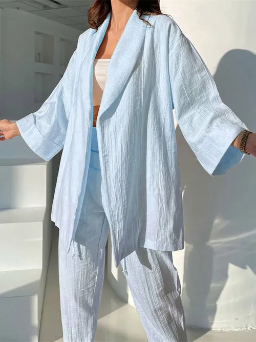Solid Women Robe Loose Outfits Cotton Lady Two Piece