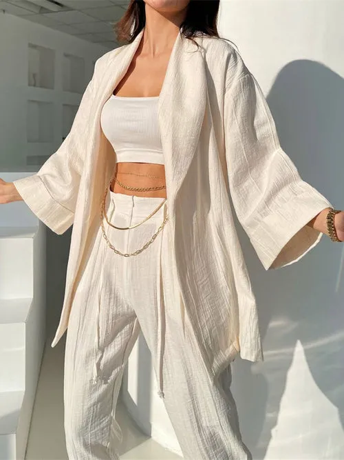 Solid Women Robe Loose Outfits Cotton Lady Two Piece