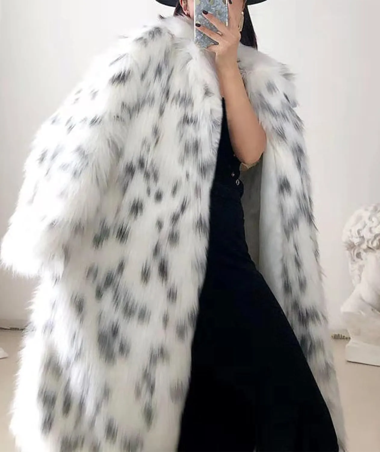 SOMTHRON Women's Luxury Fluffy Faux Fox Fur Winter Coats Leopard Open Front Long Cardigan Thick Warm Overcoat Jacket