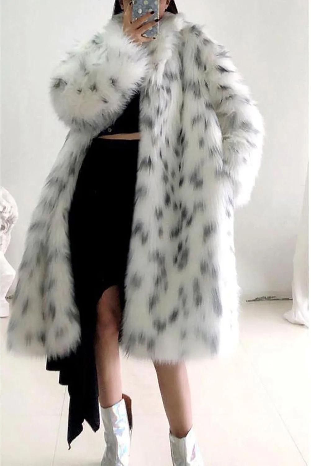 SOMTHRON Women's Luxury Fluffy Faux Fox Fur Winter Coats Leopard Open Front Long Cardigan Thick Warm Overcoat Jacket