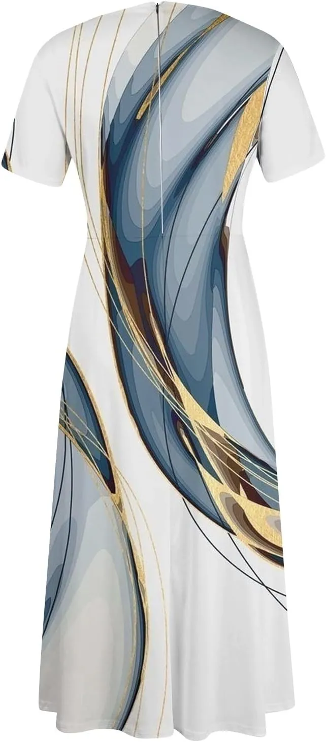 Summer Dresses for Women Beach Aline Midi Dresses Casual Flowy Tshirt Dress Floral Short Sleeve Dress with Pockets