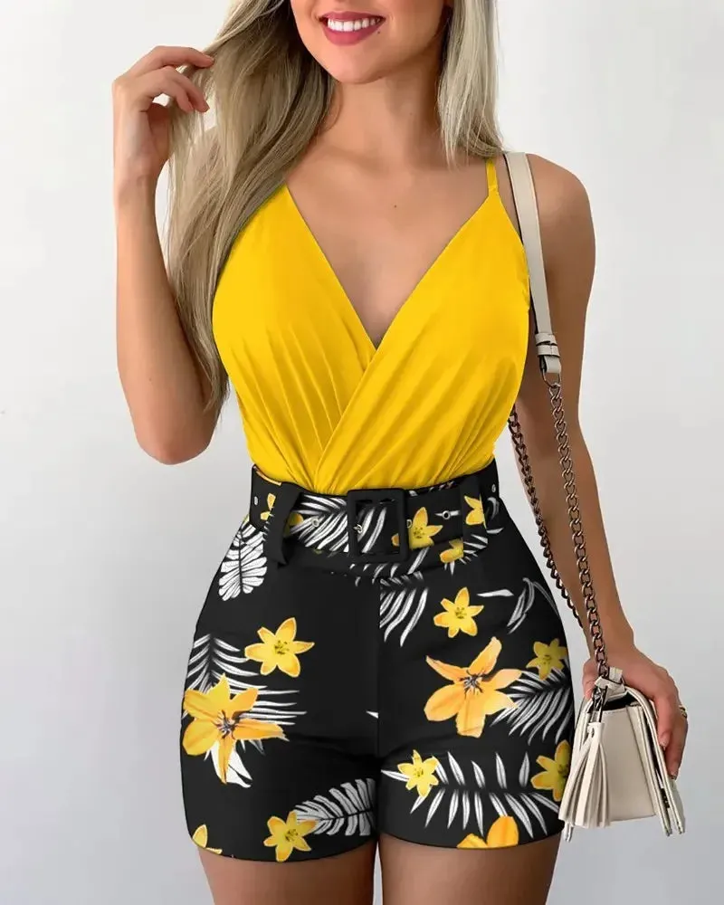 Summer Fashion Two-piece Hips Women Suspender Shorts Suit