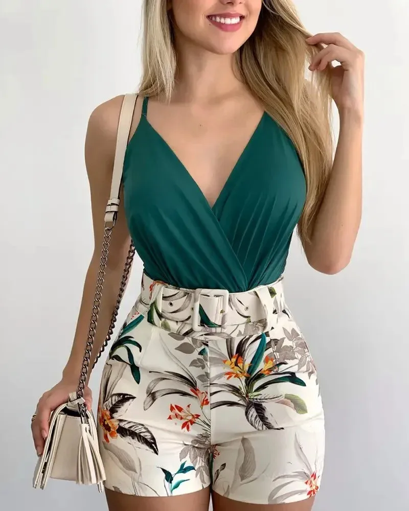 Summer Fashion Two-piece Hips Women Suspender Shorts Suit
