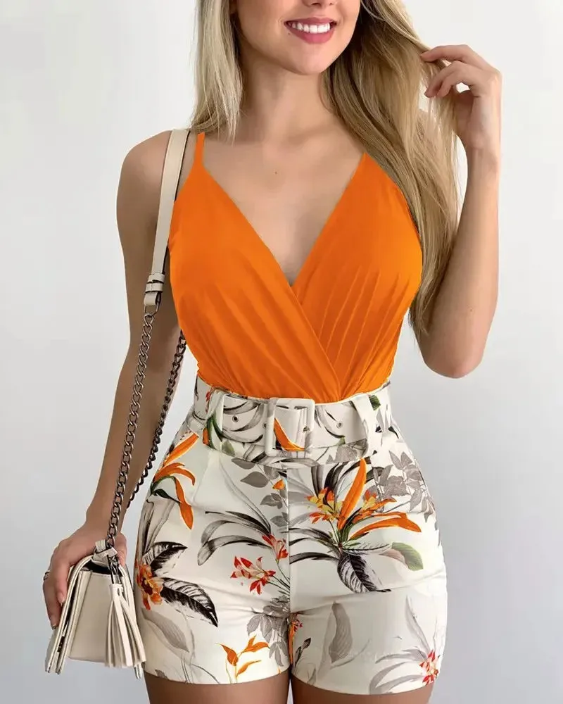 Summer Fashion Two-piece Hips Women Suspender Shorts Suit
