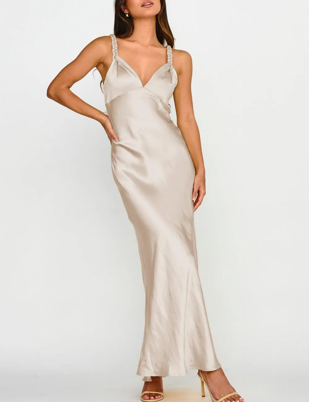 Summer Satin Braided Spaghetti Strap V Neck Maxi Dress for Women Elegant Silk Sleeveless Backless Midi Prom Dress
