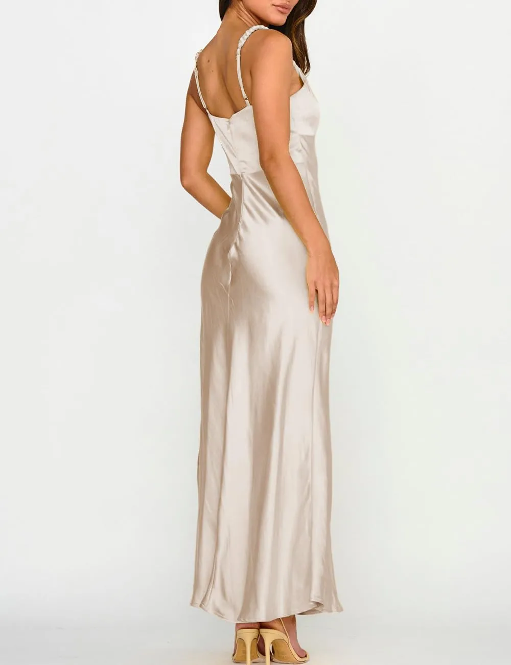 Summer Satin Braided Spaghetti Strap V Neck Maxi Dress for Women Elegant Silk Sleeveless Backless Midi Prom Dress