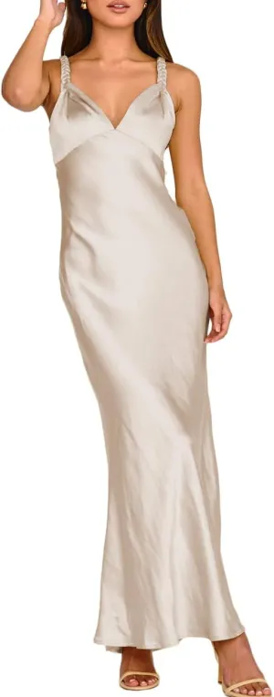 Summer Satin Braided Spaghetti Strap V Neck Maxi Dress for Women Elegant Silk Sleeveless Backless Midi Prom Dress