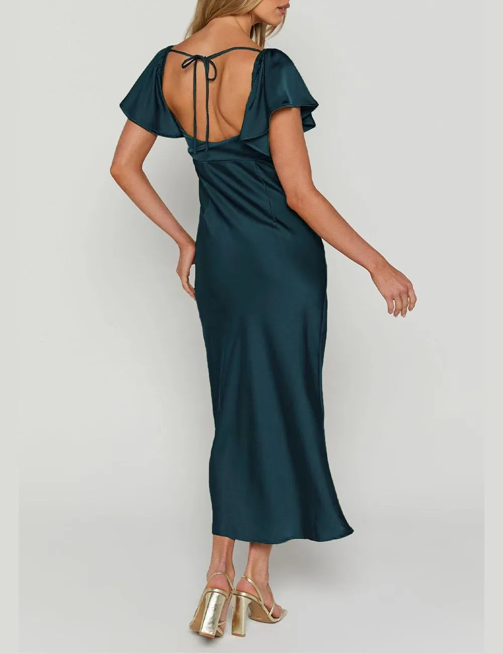 Summer Satin Flutter Sleeve Wedding Guest Dresses for Women Sweetheart Neckline Cutout Tie Back Midi Cocktail Dress