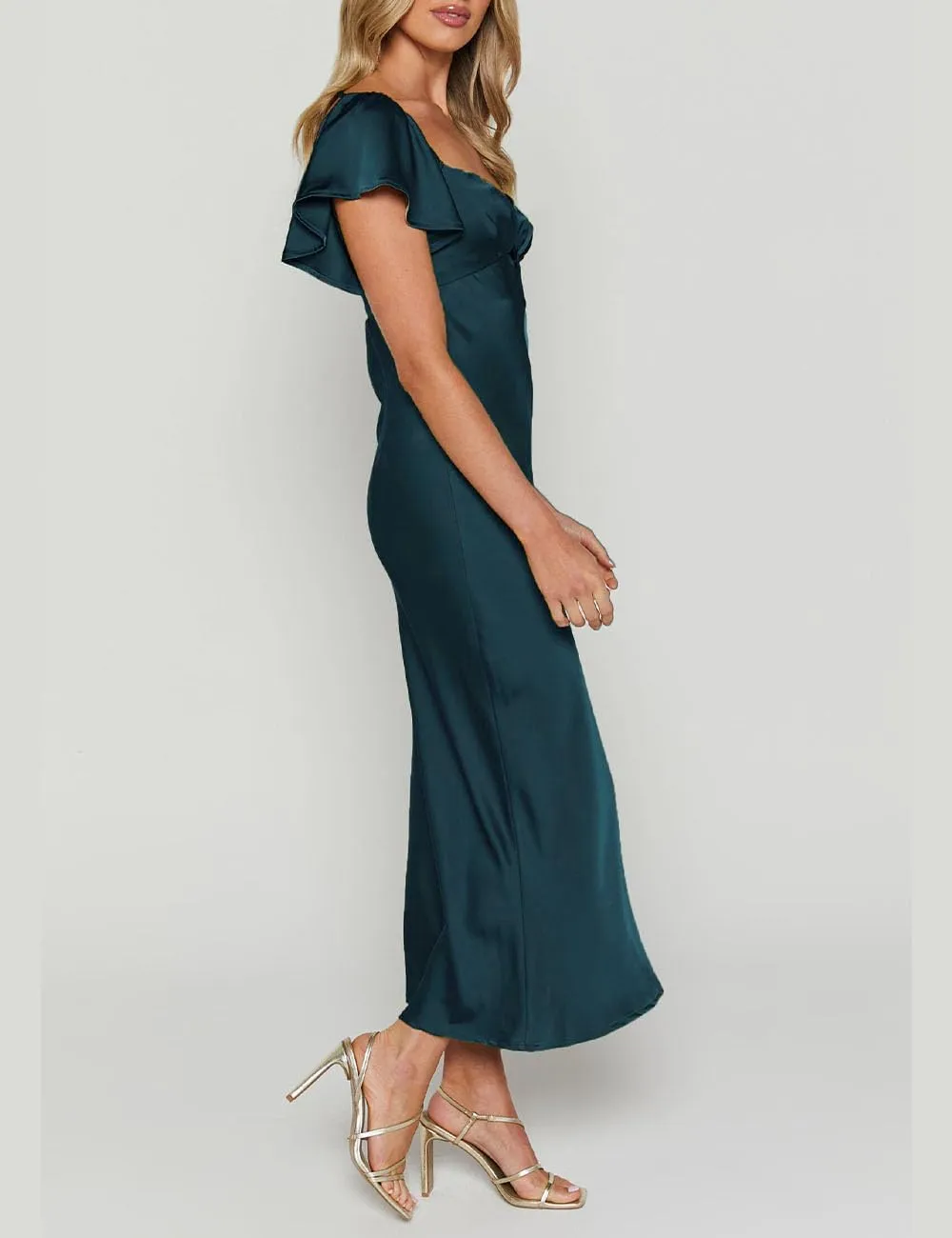 Summer Satin Flutter Sleeve Wedding Guest Dresses for Women Sweetheart Neckline Cutout Tie Back Midi Cocktail Dress