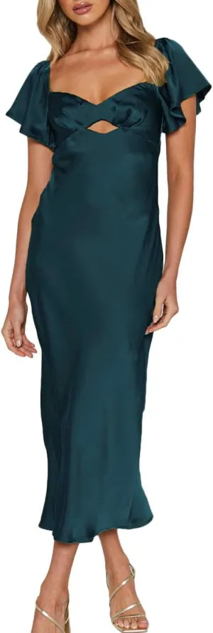 Summer Satin Flutter Sleeve Wedding Guest Dresses for Women Sweetheart Neckline Cutout Tie Back Midi Cocktail Dress
