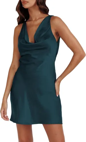 Summer Women Satin Backless Cowl Neck Mini Dress Silk Sleeveless Sexy Short Cocktail Party Dresses for Women 2025