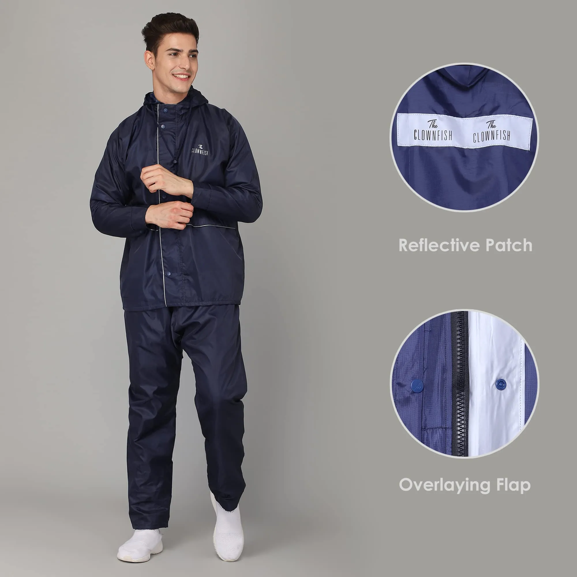 THE CLOWNFISH Sky One Rain Coat for Men Reversible Waterproof for Bike Double Layer with Hood and Reflector Logo at Back for Night Travelling Deluxe Pro Series (Deluxe Blue, XXL)