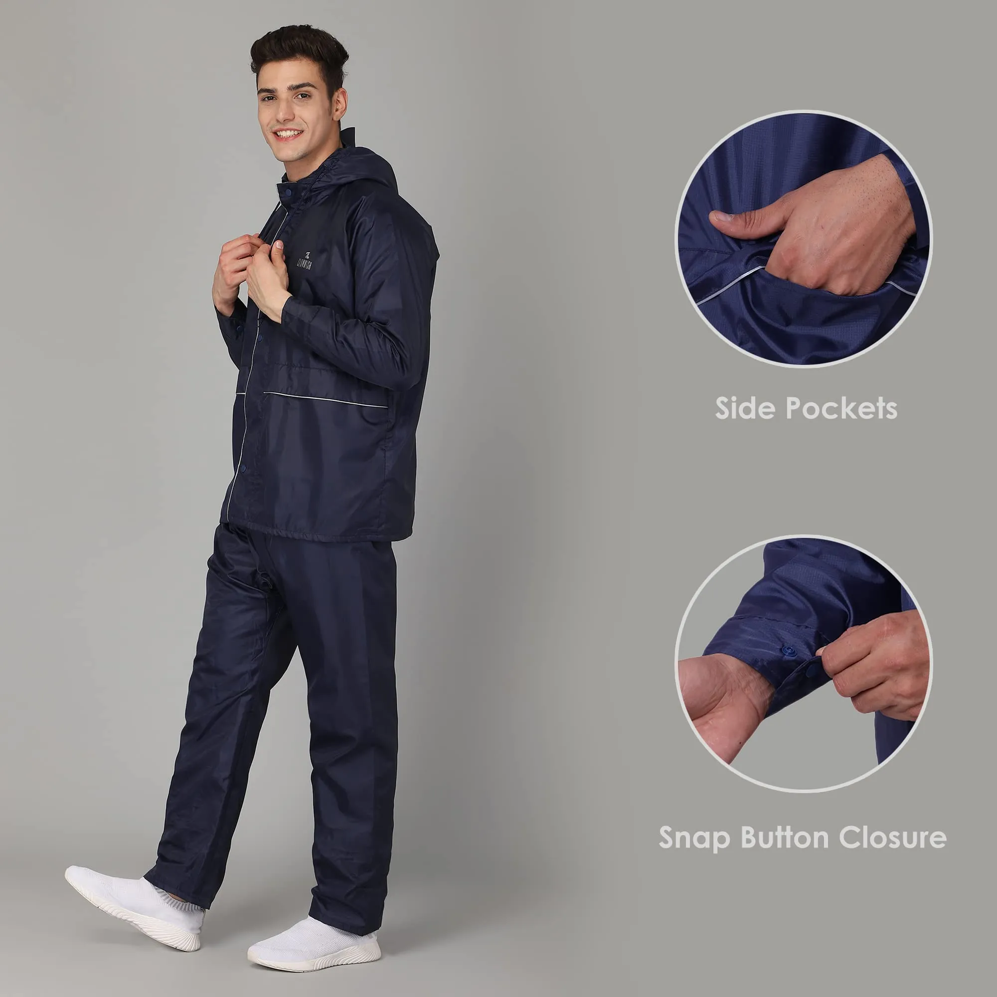 THE CLOWNFISH Sky One Rain Coat for Men Reversible Waterproof for Bike Double Layer with Hood and Reflector Logo at Back for Night Travelling Deluxe Pro Series (Deluxe Blue, XXL)