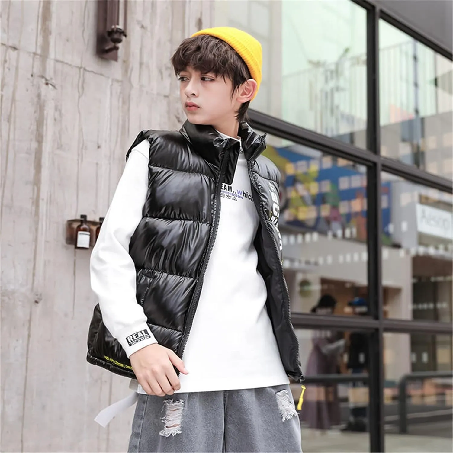 Toddler Boys Girls Autumn Winter Jacket Hooded Zip Sleeveless Jacket Winter Coat Cute Puff Lined Gilet