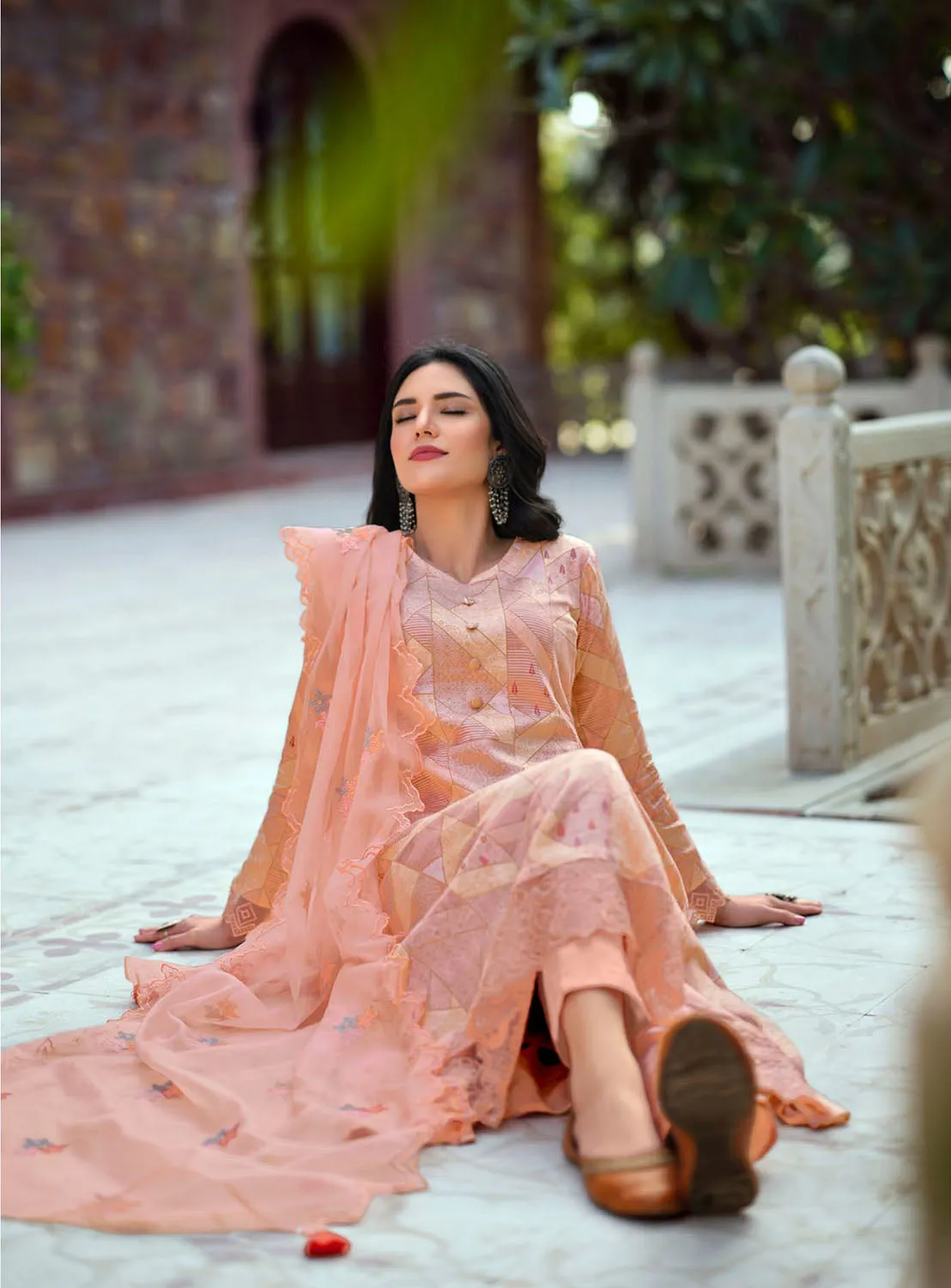 Unstitched Women Cotton Silk Peach Suit Material with Organza Dupatta