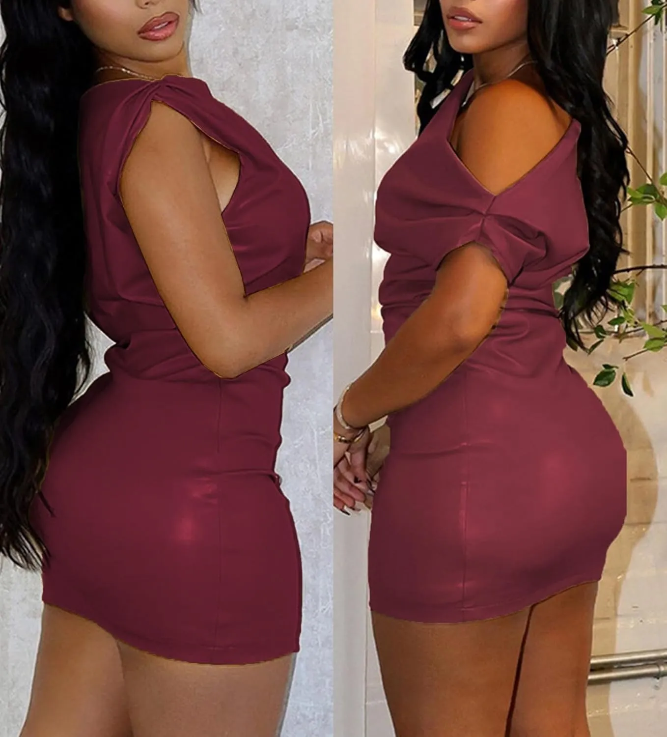 Unybwonn Women Sexy One Shoulder Faux Leather Mini Dress Sleeveless Ruched Bodycon Club Party Short Dresses