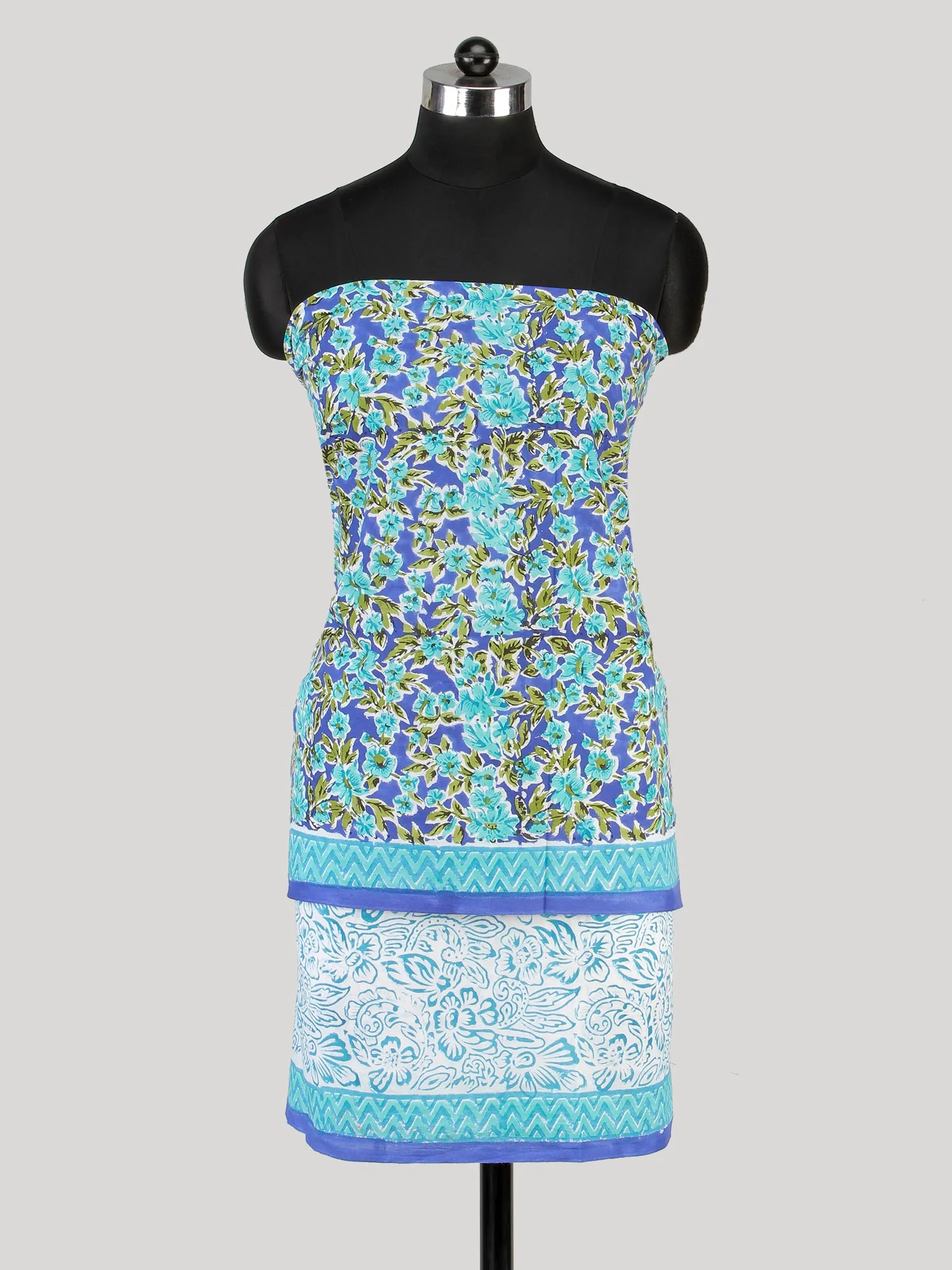 White Indigo Sea Blue Hand Block Printed Cotton Suit-Salwar Fabric With Chiffon Dupatta (Set of 3) - SU01HB427
