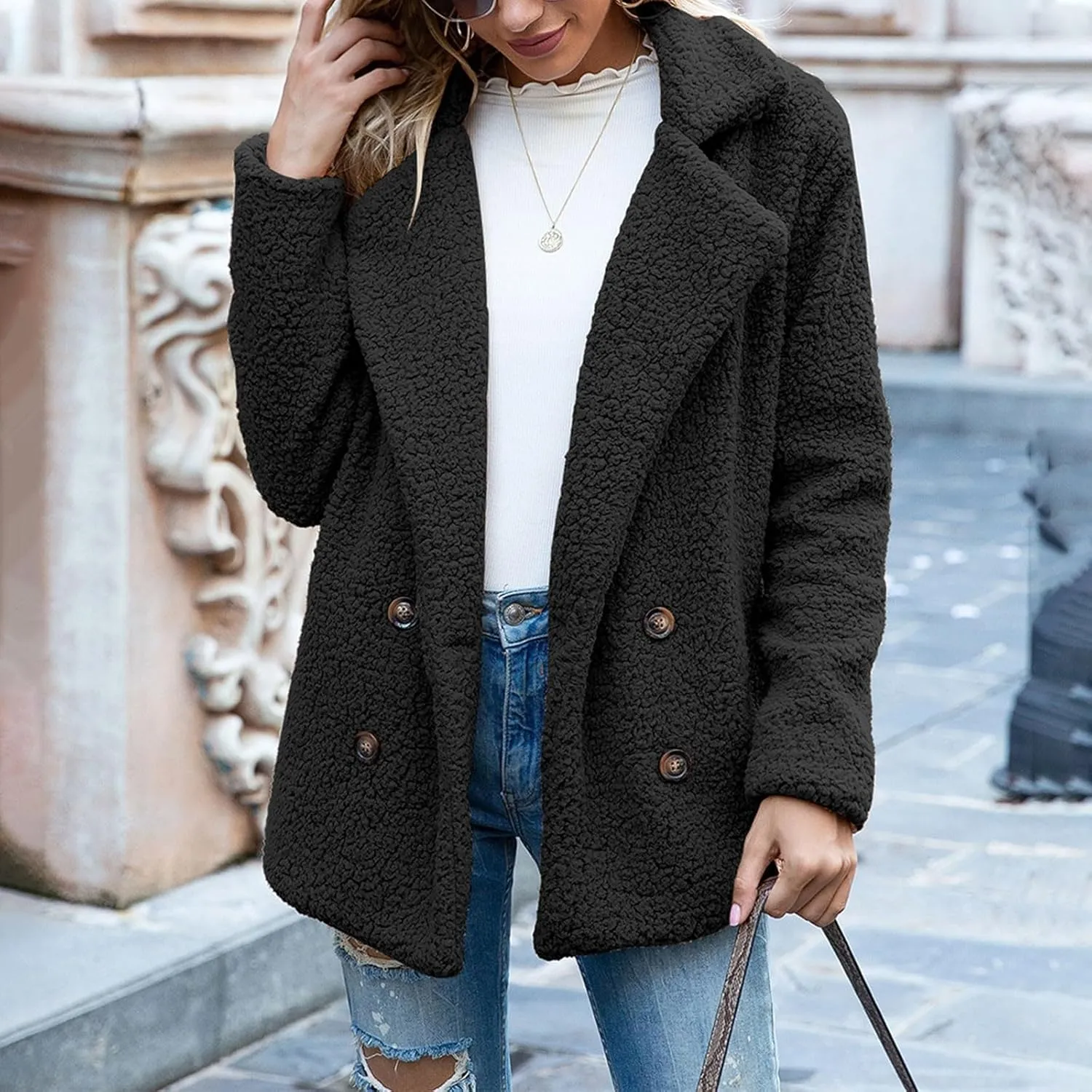Winter Coats for Women Lapel Neck Button Sherpa Fleece Jacket Long Sleeve Teddy Faux Fur Coat with Pockets