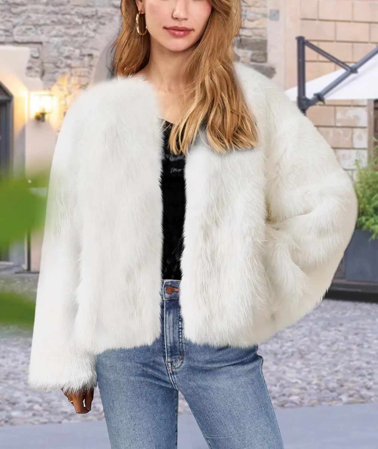 Winter Fluffy Faux Fur Jacket With Inner Lining Long Sleeve Open Front Cropped Cardigan Casual Fluffy Short Coat for Women