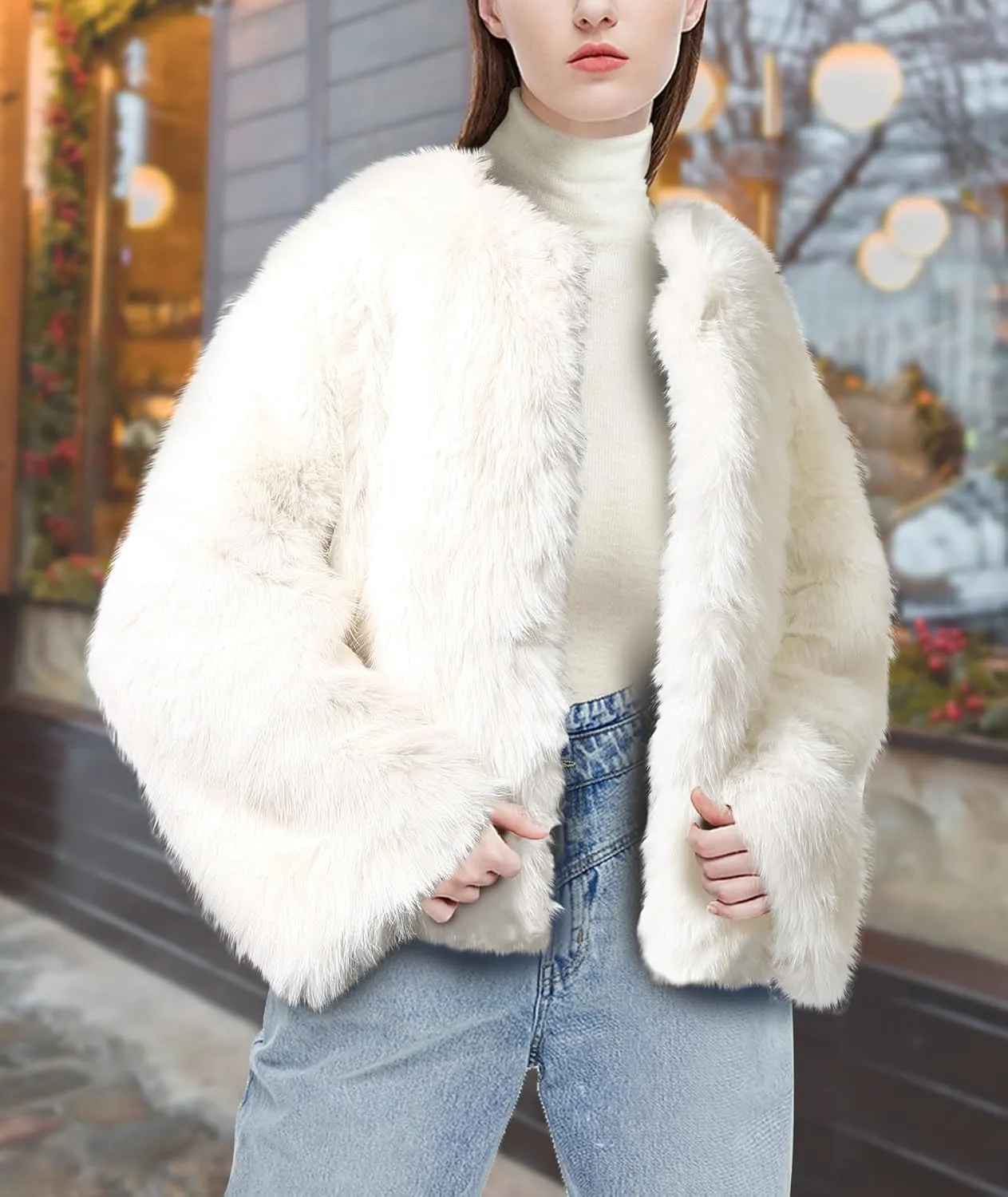 Winter Fluffy Faux Fur Jacket With Inner Lining Long Sleeve Open Front Cropped Cardigan Casual Fluffy Short Coat for Women