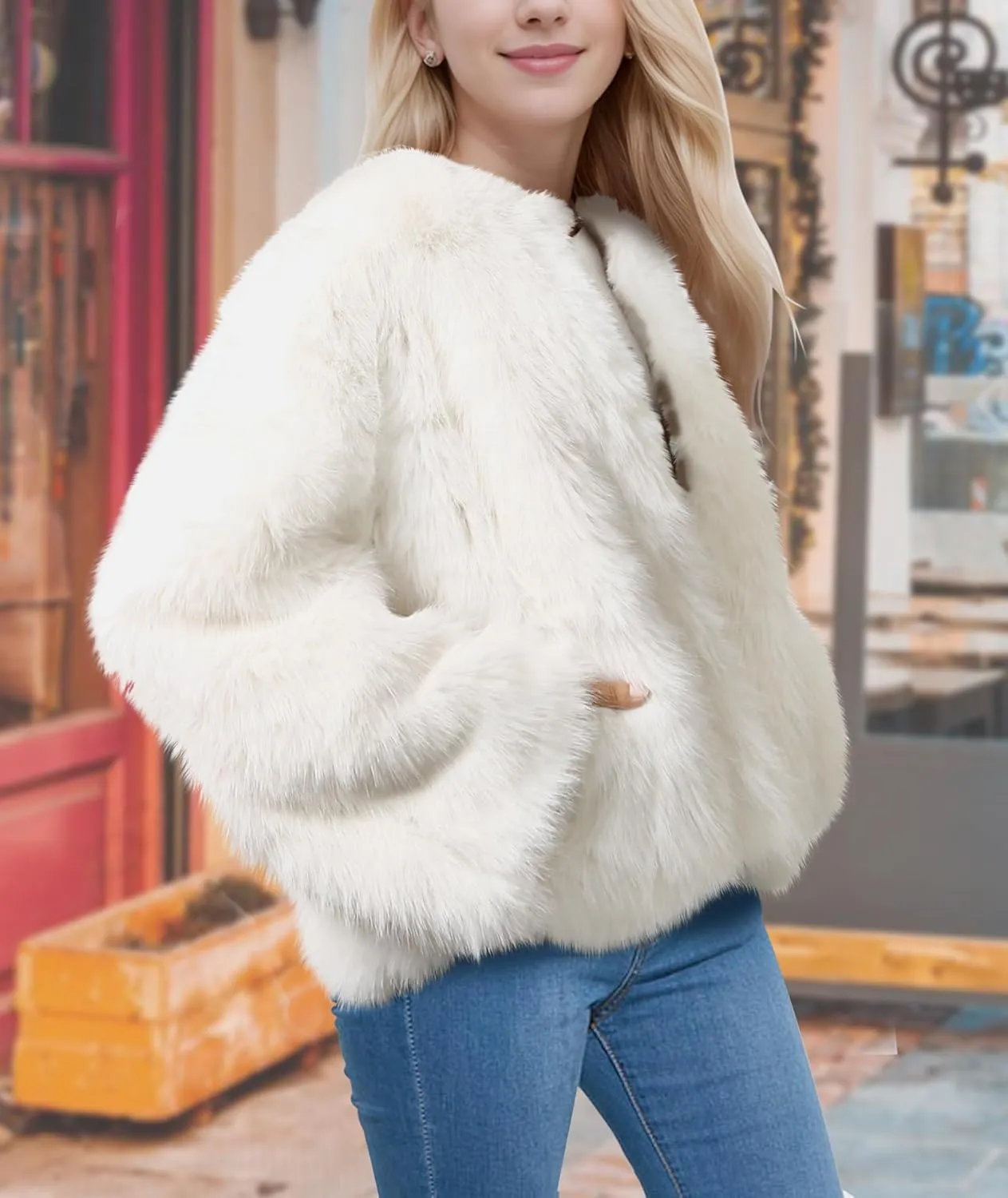 Winter Fluffy Faux Fur Jacket With Inner Lining Long Sleeve Open Front Cropped Cardigan Casual Fluffy Short Coat for Women