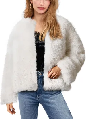 Winter Fluffy Faux Fur Jacket With Inner Lining Long Sleeve Open Front Cropped Cardigan Casual Fluffy Short Coat for Women