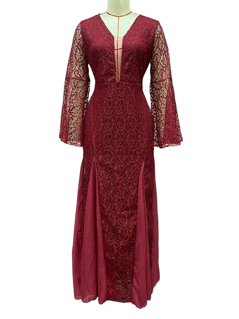 Women Lace Embroidery Fishtail Slim Fit Evening Dress